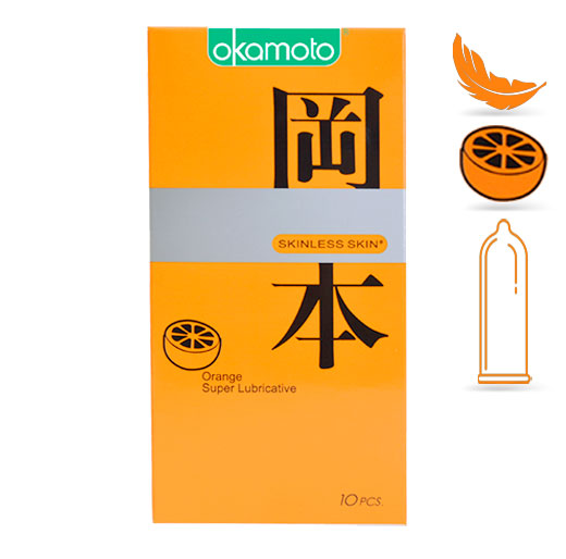 Bao Cao Su Okamoto Skinless Skin Orange Lubricated size 53mm  siêu mỏng có hương Cam Hộp 10 cái