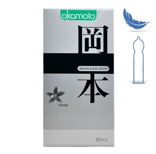 Bao Cao su Okamoto Skinless Skin Vanilla mỏng có hương Vani cổ thắt chống tuột hộp 10 cái size 53mm