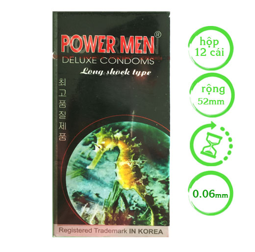 Bao cao su Powermen Long shock type gân gai kéo dài thời gian 5% benzocaine hộp 12 cái