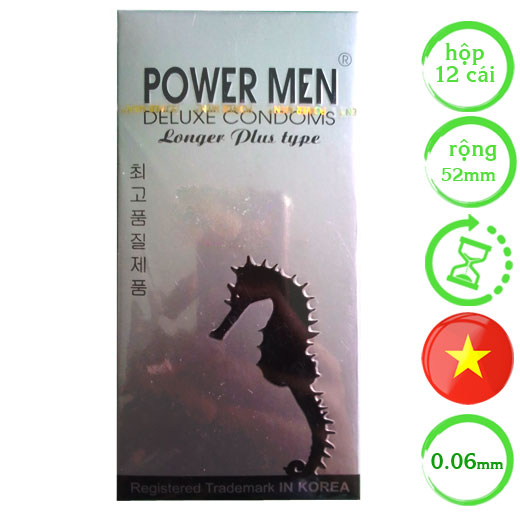 Bao cao su Powermen Longer Plus Type gân gai kéo dài thời gian 9% benzocaine hộp 12 cái