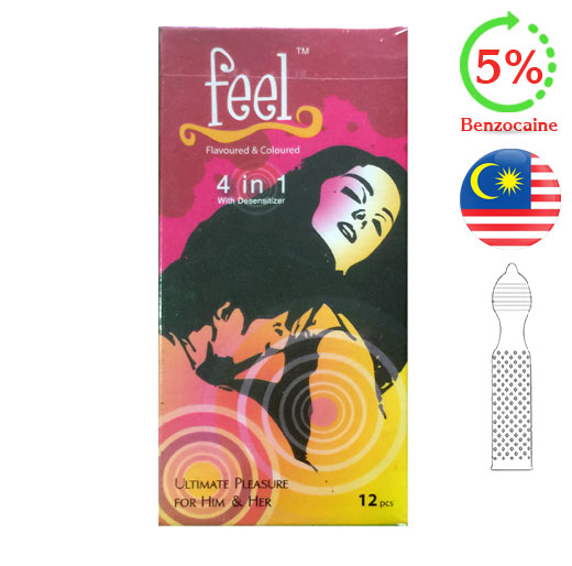 Bcao cao su Feel hộp 12 cái Có hương dâu - gân - gai - kéo dài thời gian với 5% benzocaine