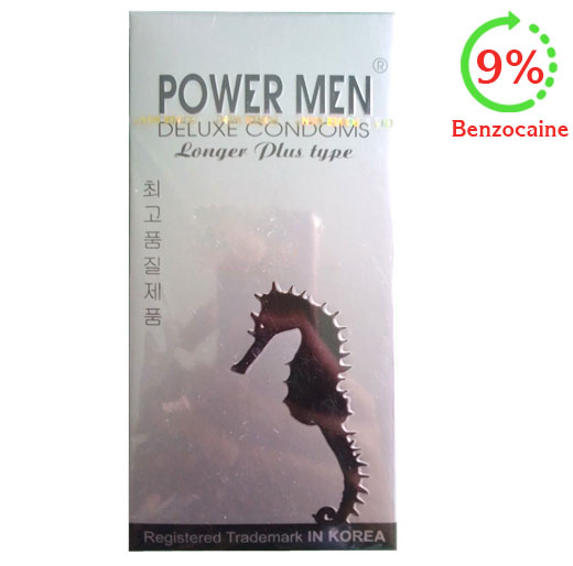 Bao cao su Powermen Longer Plus Type gân gai kéo dài thời gian 9% benzocaine hộp 12 cái