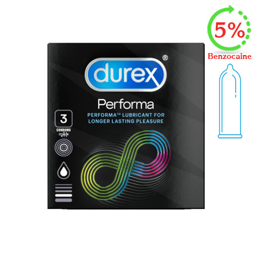 Bao cao su Durex Performa chính hãng kéo dài thời gian quan hệ với gel bôi trơn silicone có chứa 5% benzocaine hộp 3 cái