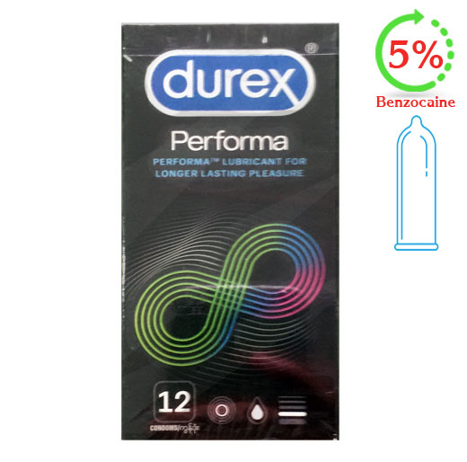 Bao cao su Durex Performa kéo dài thời gian quan hệ gel bôi trơn silicone và 5% benzocaine hộp 12 cái