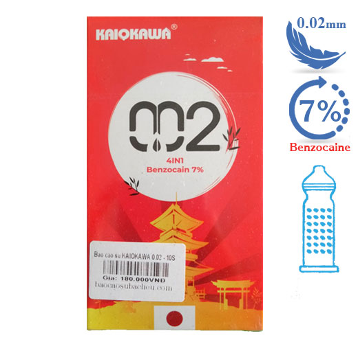 Bao cao su Kaiokawa 002 4 trong 1 siêu mỏng 0.02mm kéo dài thời gian quan hệ với 7% benzocaine hộp 10 cái