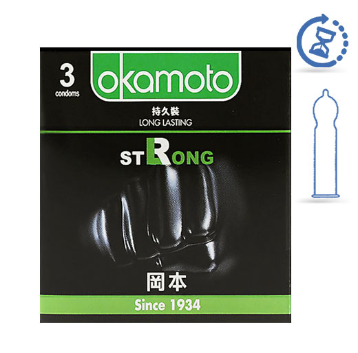 Bao cao su Okamoto Strong Long Lasting siêu mỏng kéo dài thời gian quan hệ với tinh chất bạc hà mát lạnh - hộp 3 cái - Size 53mm